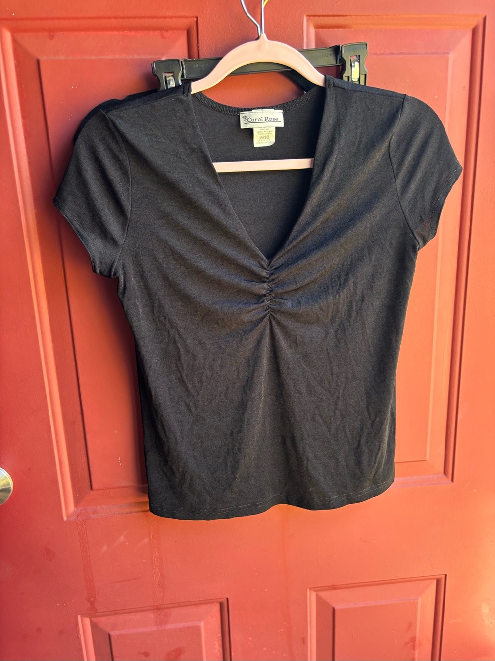 Carol Rose Black Ruched V-Neck Short Sleeve Tee